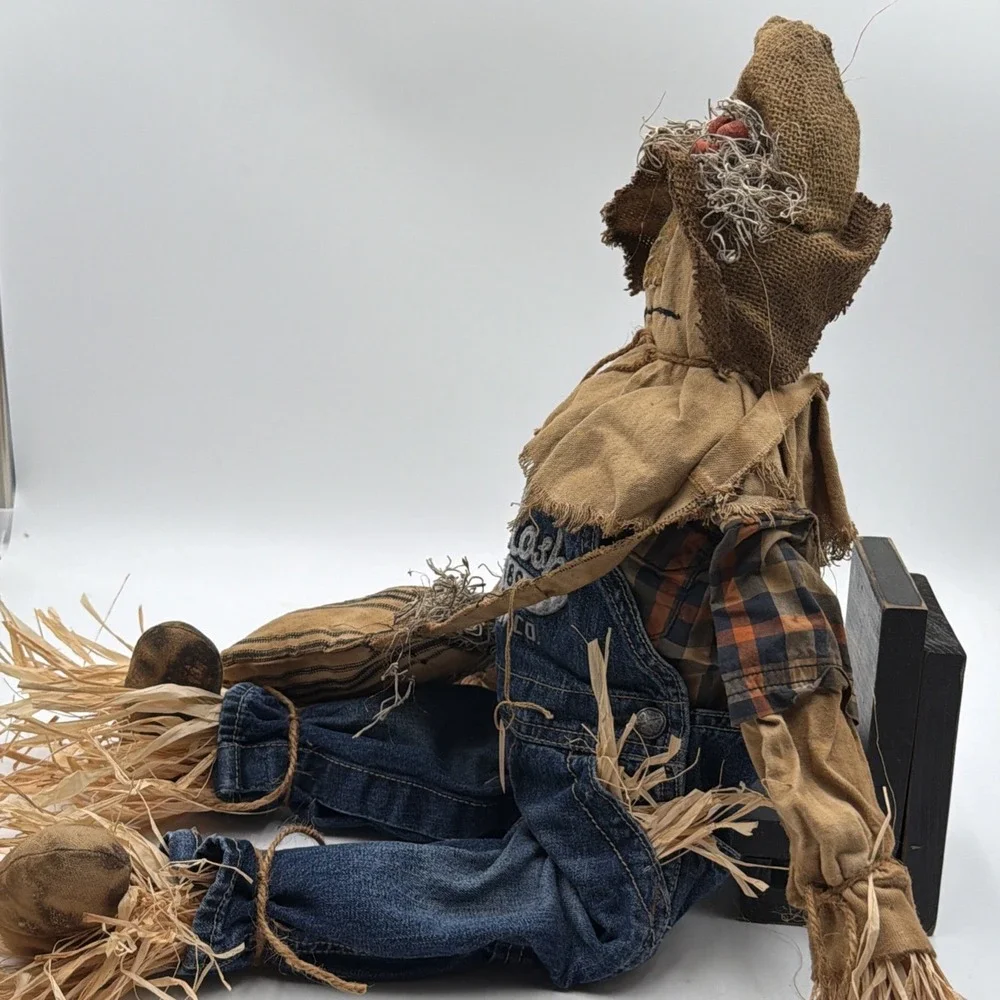 Vintage Primitive Handmade Grungy Scarecrow Doll Folk Art Fall Oshkosh Overalls
